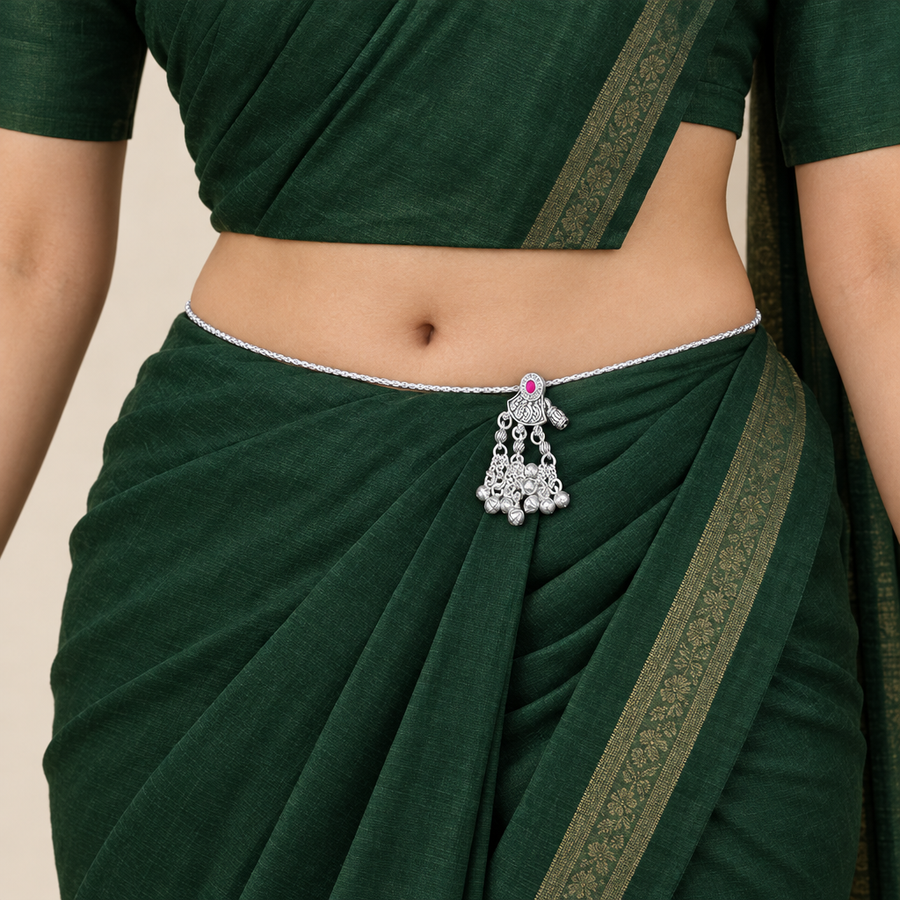 Silver-Tone Pink Stone Bell-Dangle Kamarbandh worn over a green saree
