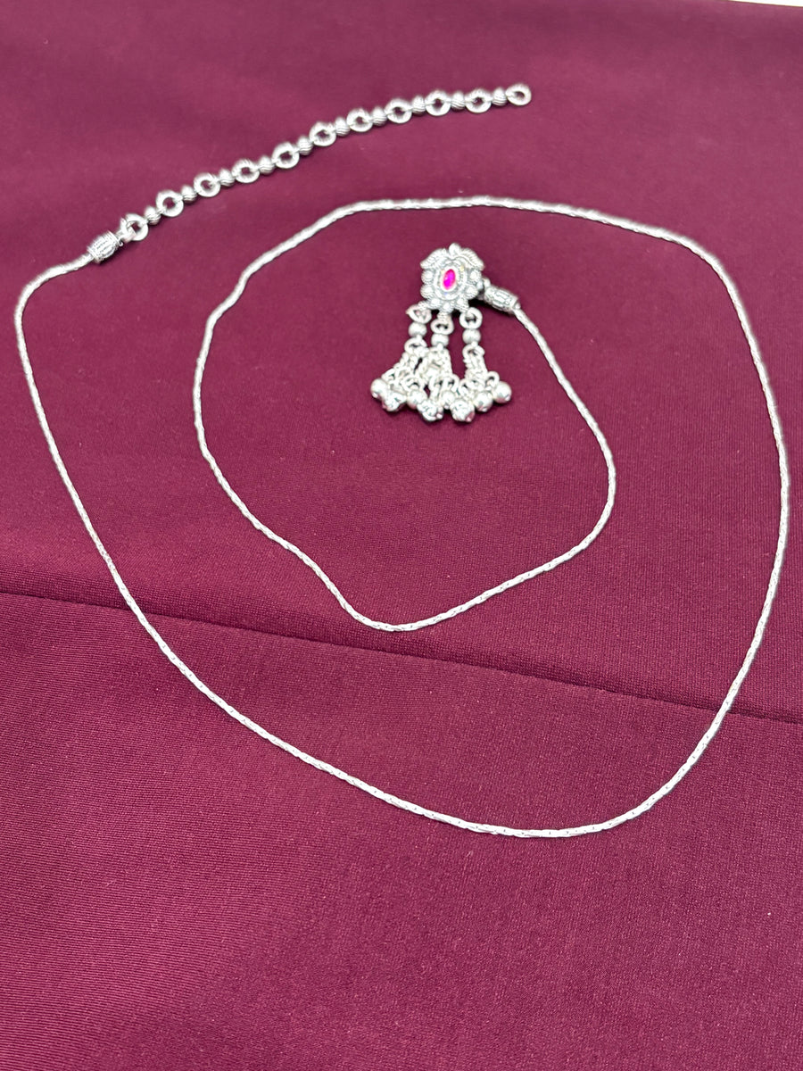 Silver-Tone Pink Stone Triple-Dangle Kamarbandh front view