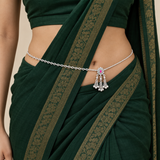 Silver-Tone Pink Stone Triple-Dangle Kamarbandh worn over a green saree