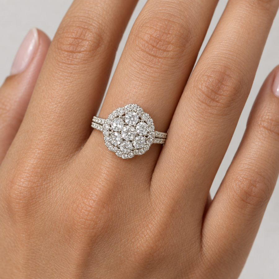 Round Halo Cluster Ring, worn lifestyle view