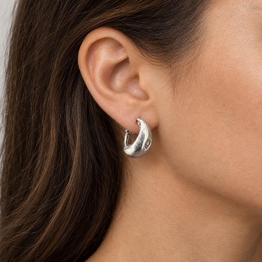 Sculpted Twist Hoop Earrings, worn lifestyle view