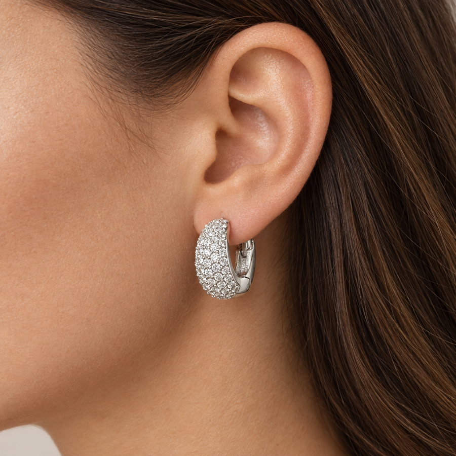 Silver-Tone Pave Huggie Hoops, worn lifestyle view