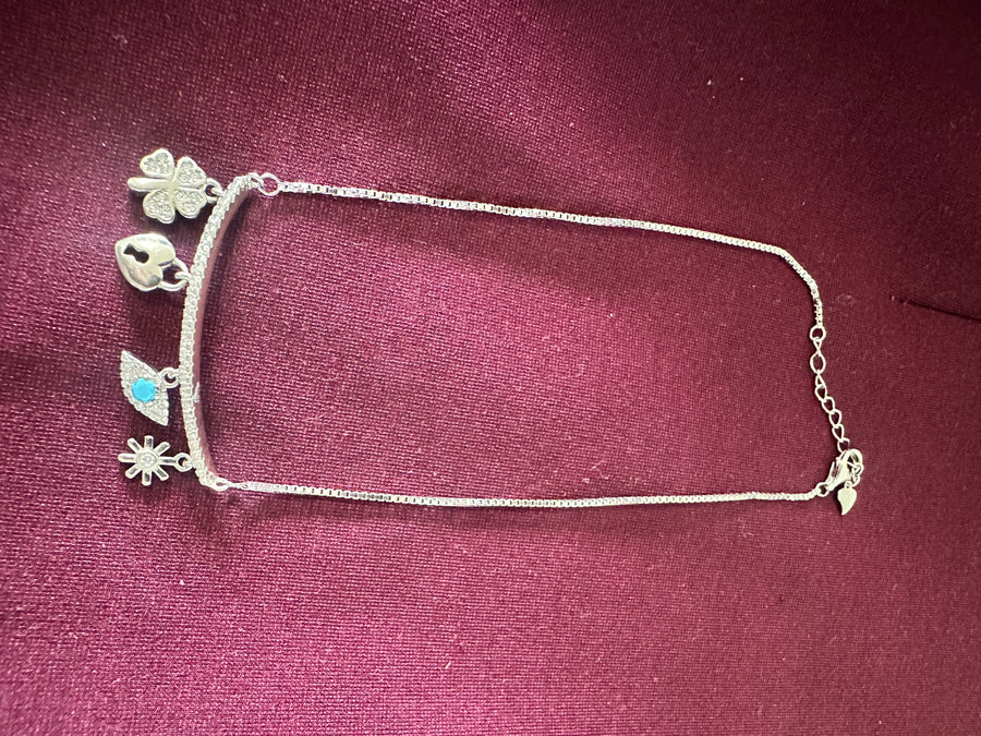 Blue Silver-Tone Charm Anklet, top view, view 5