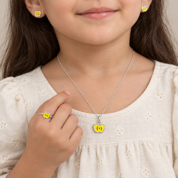 Yellow Apple Kids Jewellery Set, worn lifestyle view
